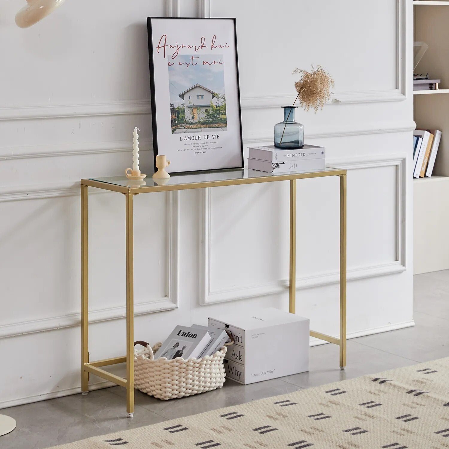 SkandiShop Modern Accent Console Table Gold Metal Frame
